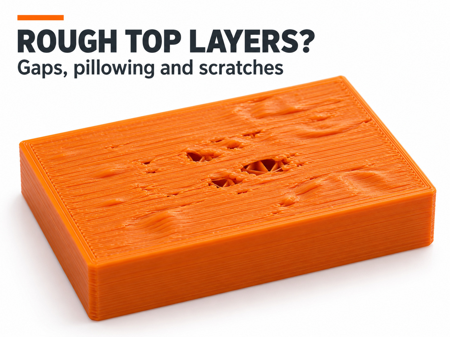 Illustrated orange 3D print with holes, raised patches and uneven extrusion on its top surface.