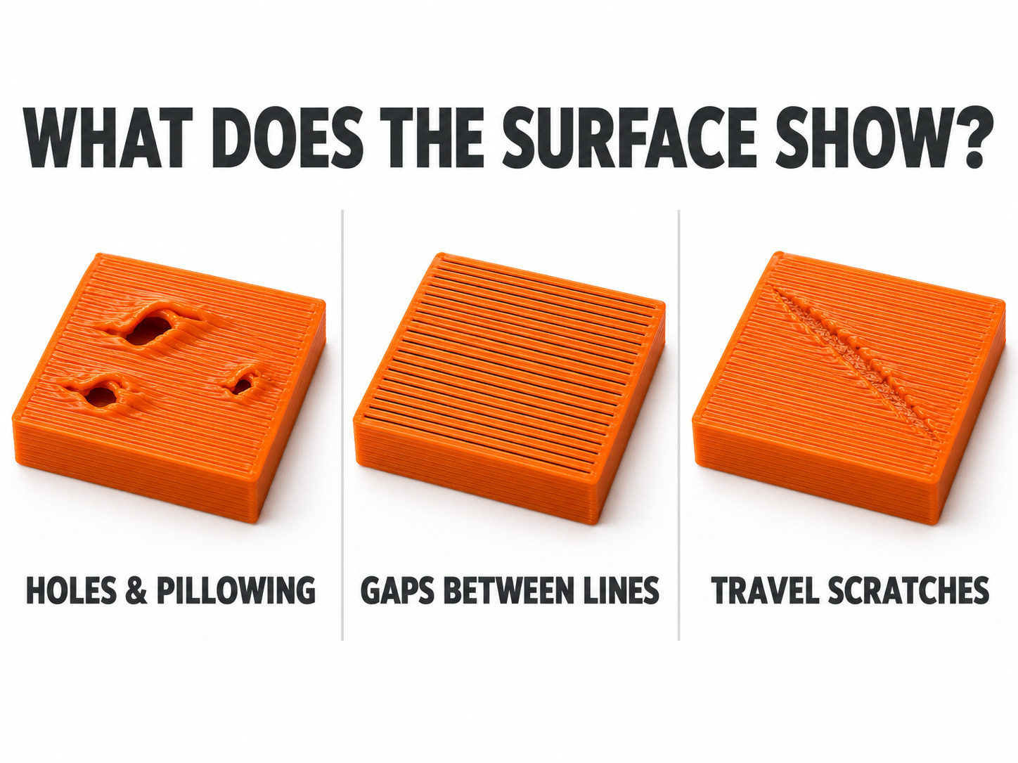 Three illustrated orange prints comparing holes and pillowing, gaps between top lines, and a diagonal nozzle scratch.