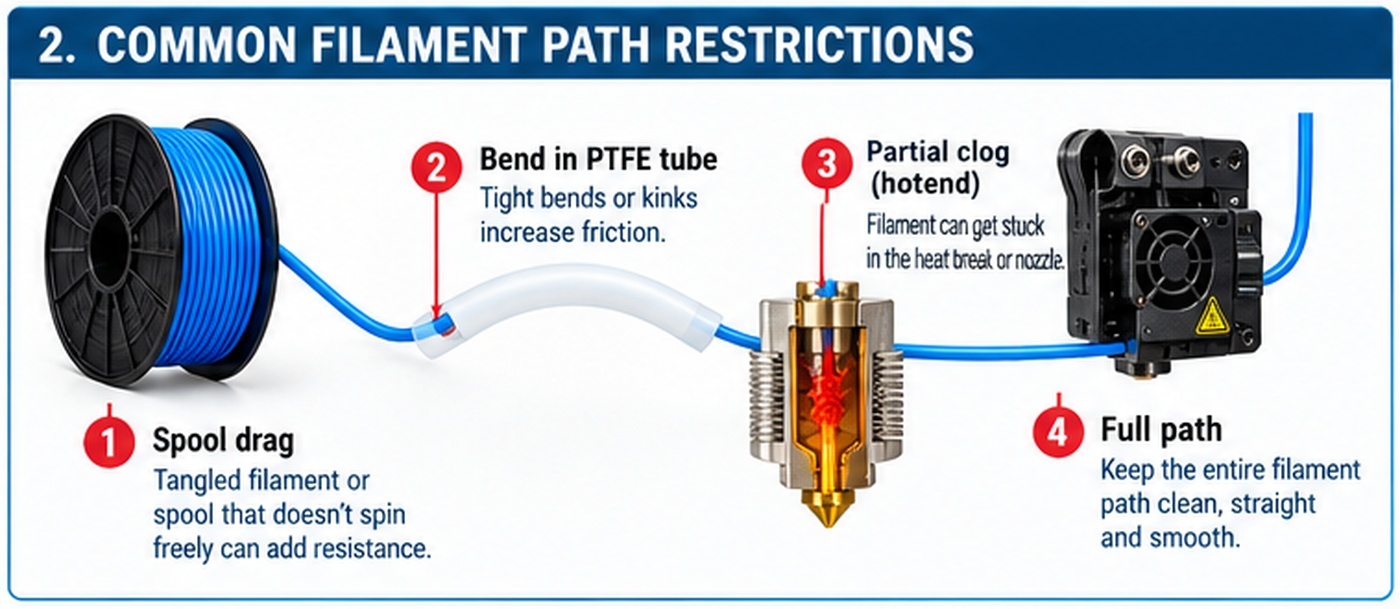 Diagram showing common 3D printer filament path restrictions including spool drag, a bent PTFE tube and a clogged hotend.