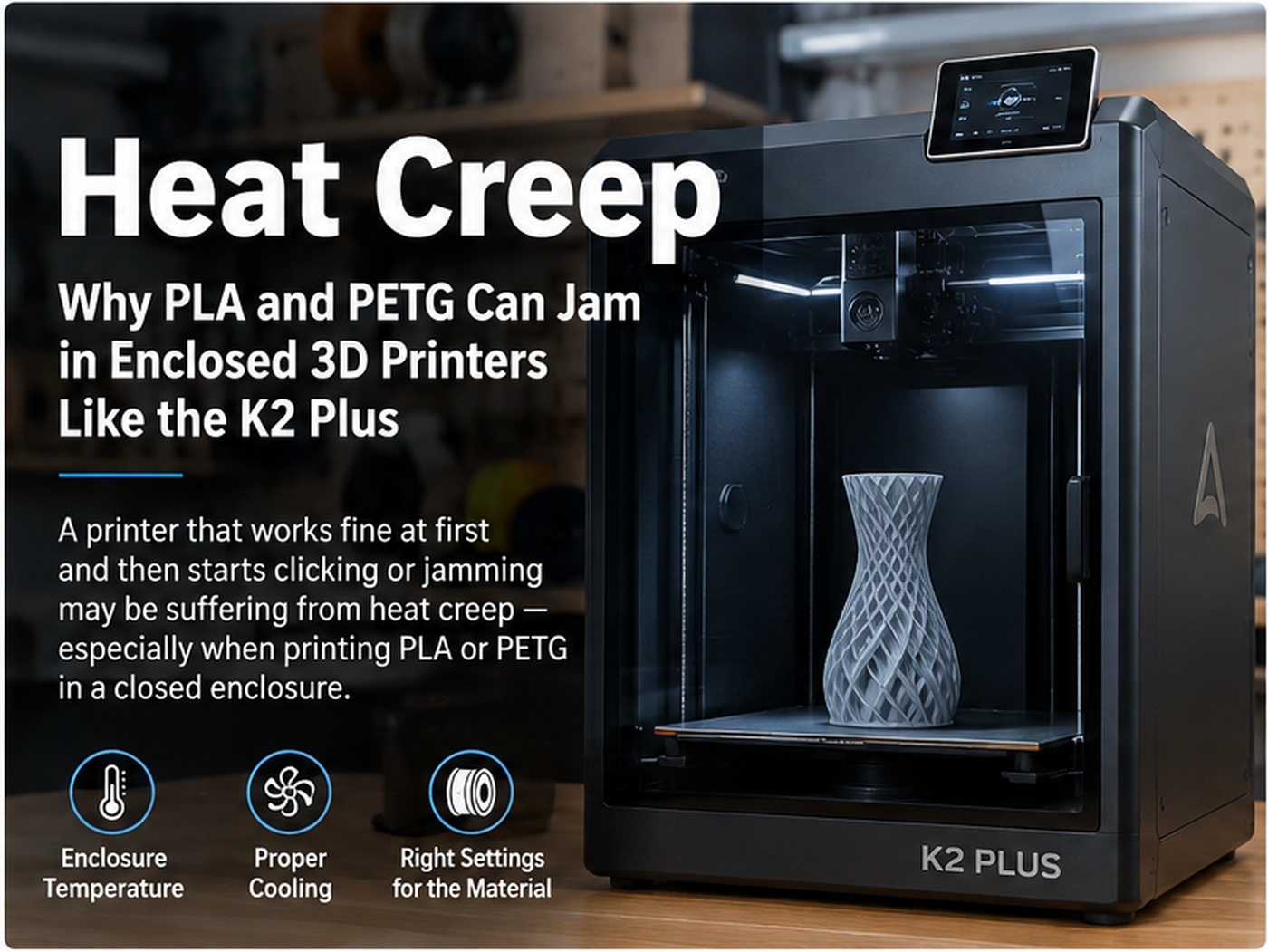 Enclosed 3D printer printing PLA while heat builds around the hotend and extruder.