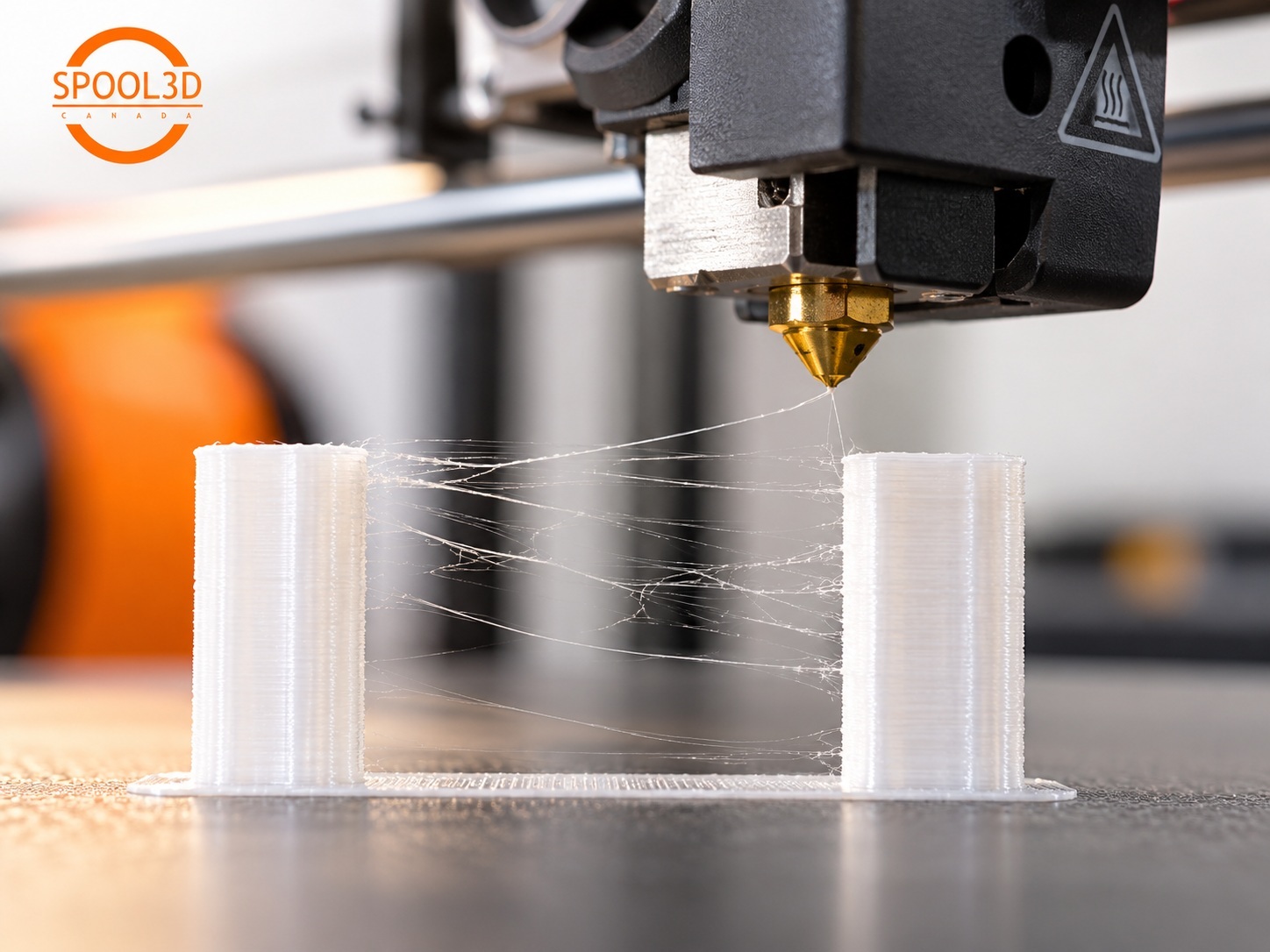 Close-up of fine filament strings forming between two sections of a 3D printed part during a travel move.