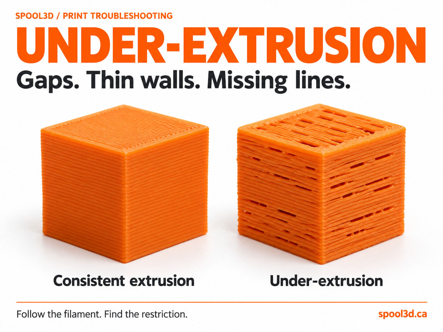 Illustrated orange 3D print comparison showing consistent extrusion beside an under-extruded cube with wall gaps and an incomplete top.