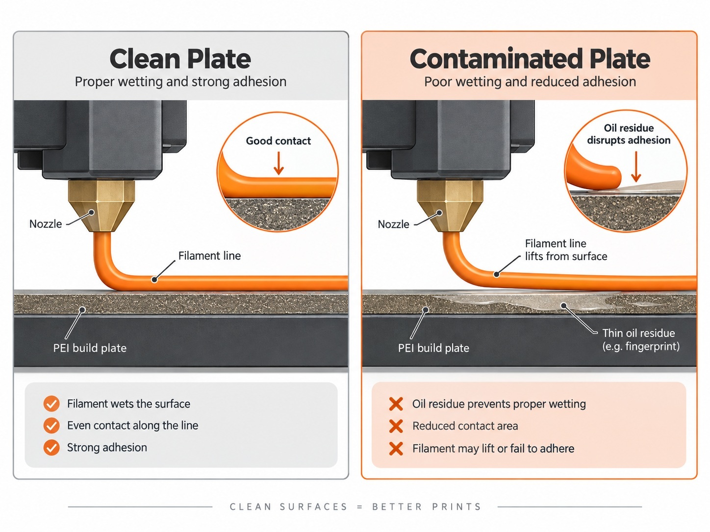 Comparison diagram of a clean 3D printer build plate versus a contaminated build plate and how each affects first-layer adhesion.